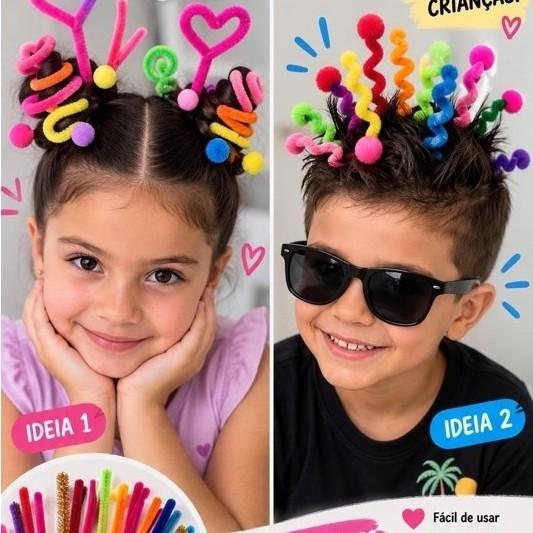 Kit Hastes Chenille Coloridas – Cabelo Maluco Infantil para Penteados Criativos