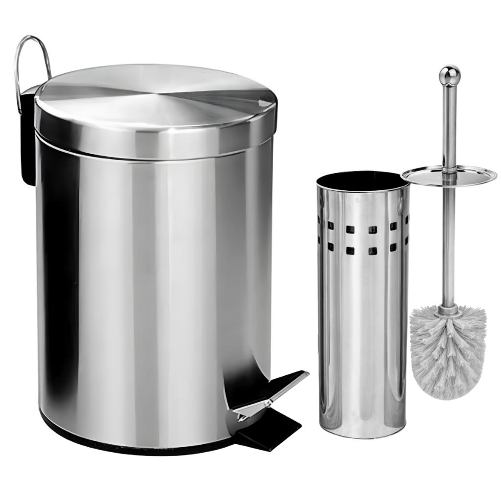 Lixeira Banheiro Inox Pedal Cozinha + Escova Sanitária Inox Com Suporte Ou Opções Avulsos