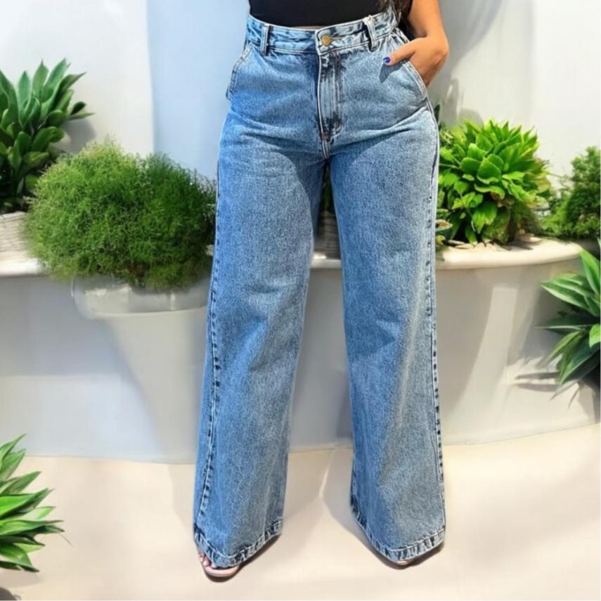 Calça Wide Leg Jeans Feminina Marmorizada Cintura Alta 100% Algodão Premium