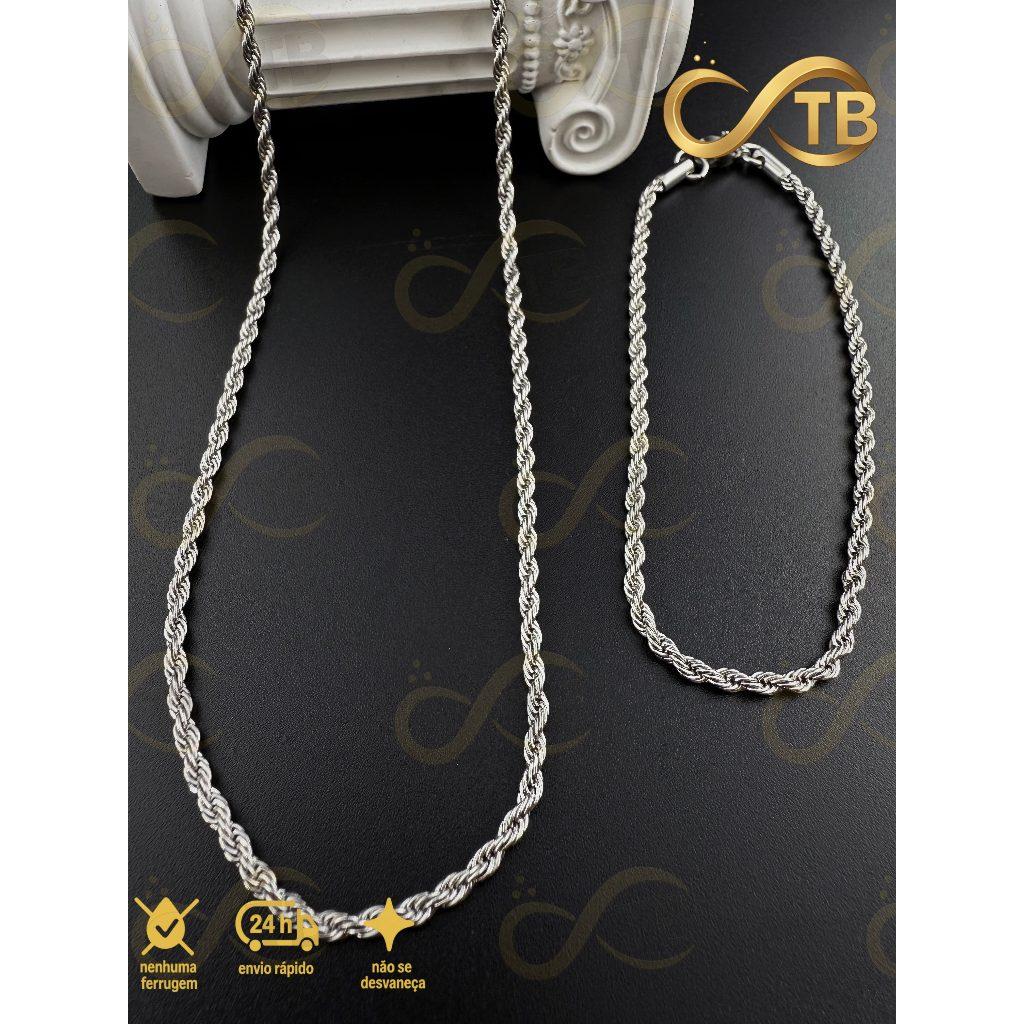 TB Moda Kit Corrente Pulseira Trançada Baiana em Aço Inoxi Banhado Prata 925 Masculina/Feminina