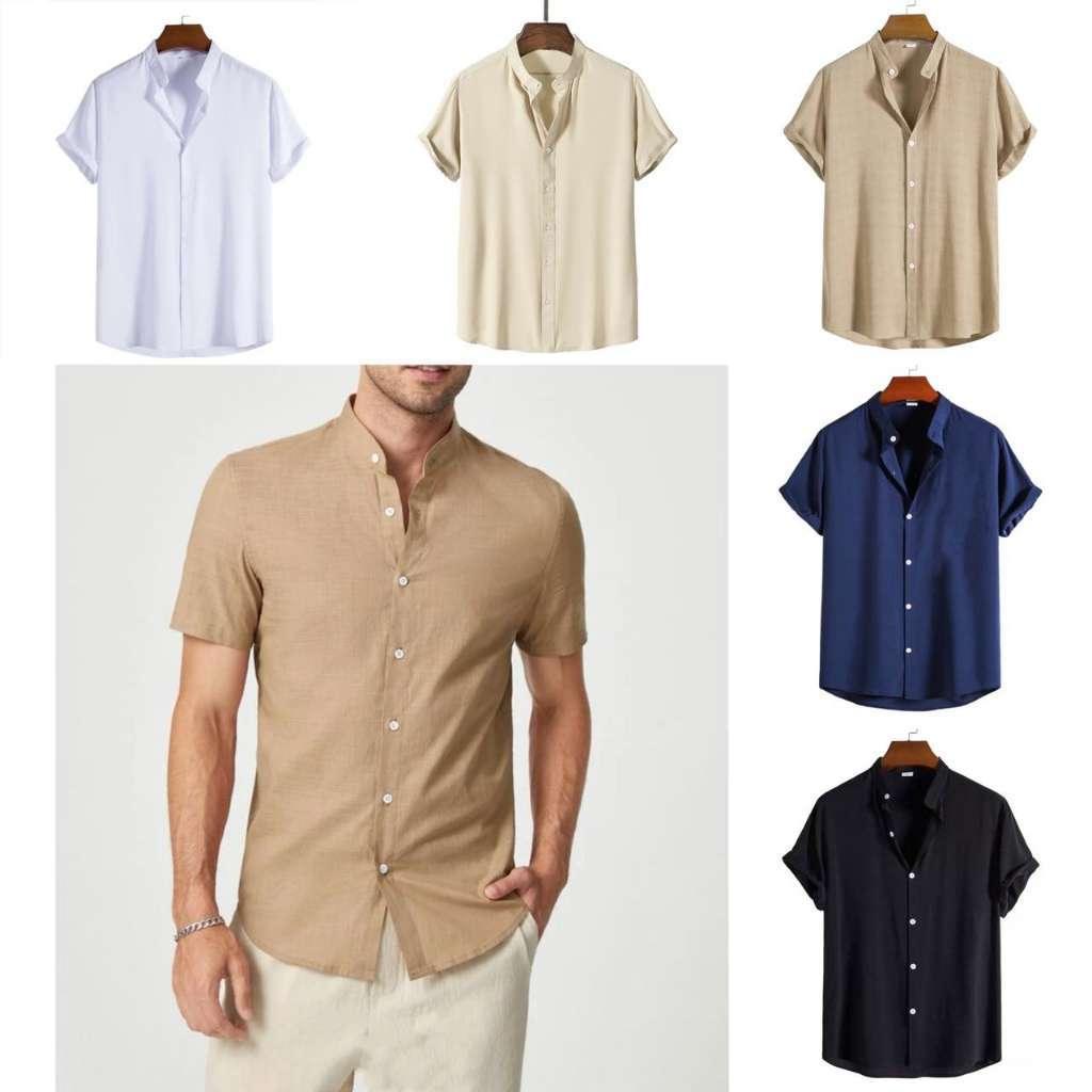 Camisa masculina gola pastor social casual viscolinho manga curta moda luxo