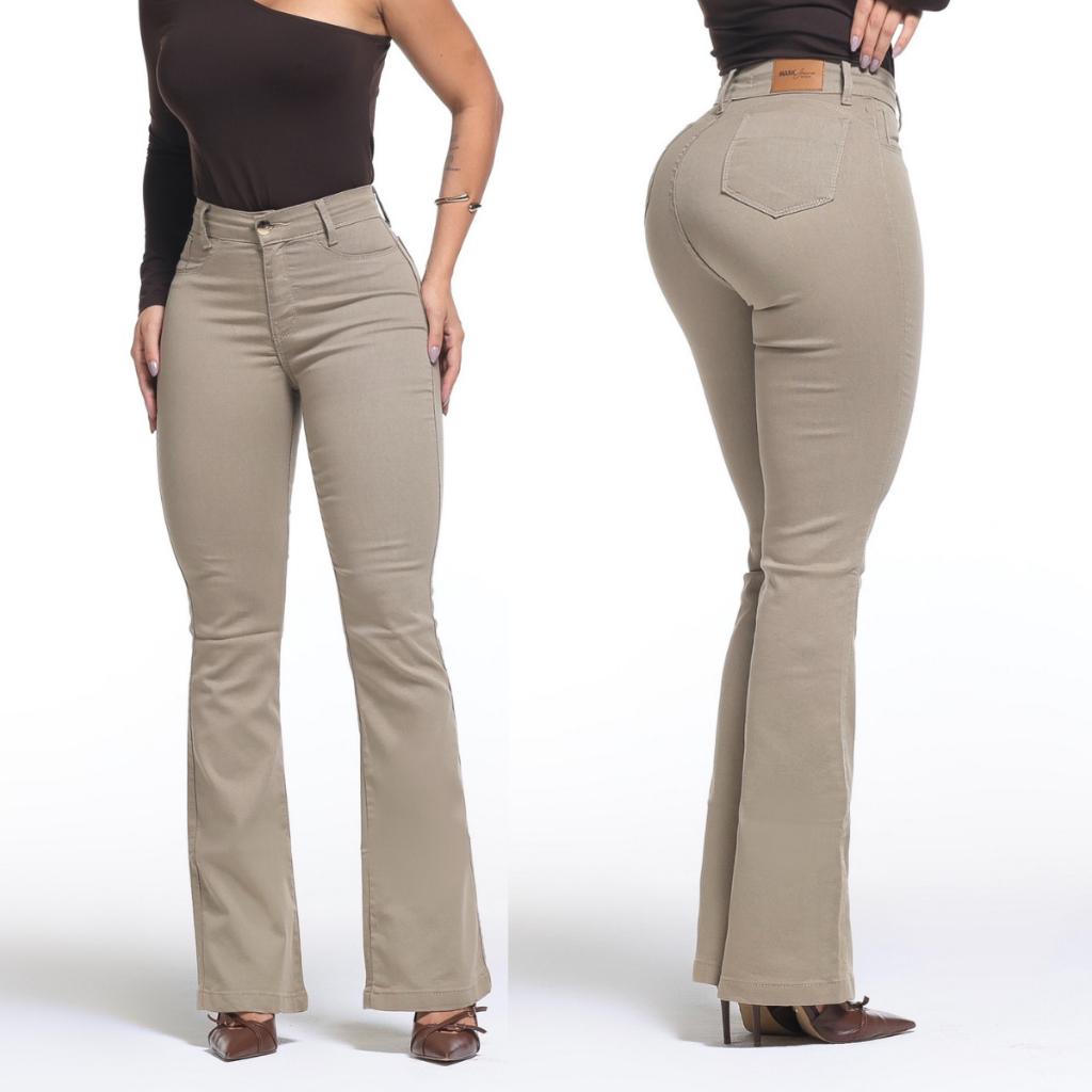 Calça Feminina Flare Pantalona Bege Jeans Premium Empina Bumbum Boca de Sino Cos Alto Com Elastano