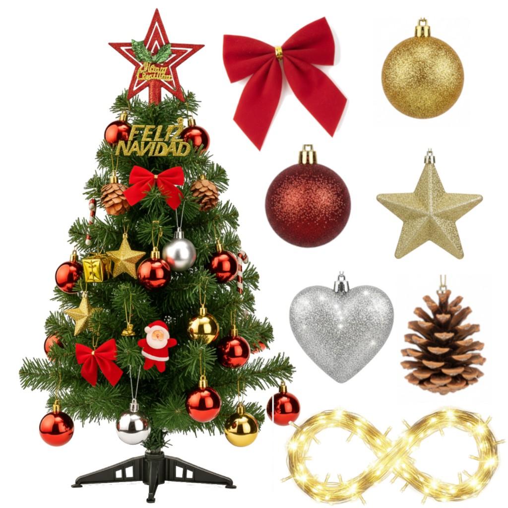 Árvore De Natal De Mesa Luxo 60cm Decorada Pinheiro Enfeites Enfeitada c/ Pisca Fio Fada LED Pequena