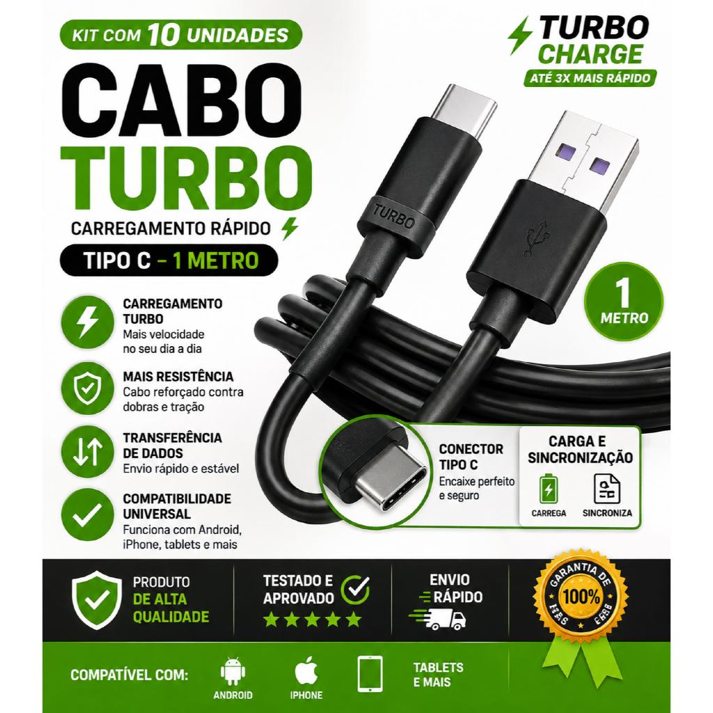 Kit 10 Cabo Tipo C Turbo Carregador Rápido 1 Metro USB-C para Celular Android Samsung Motorola Xiaomi