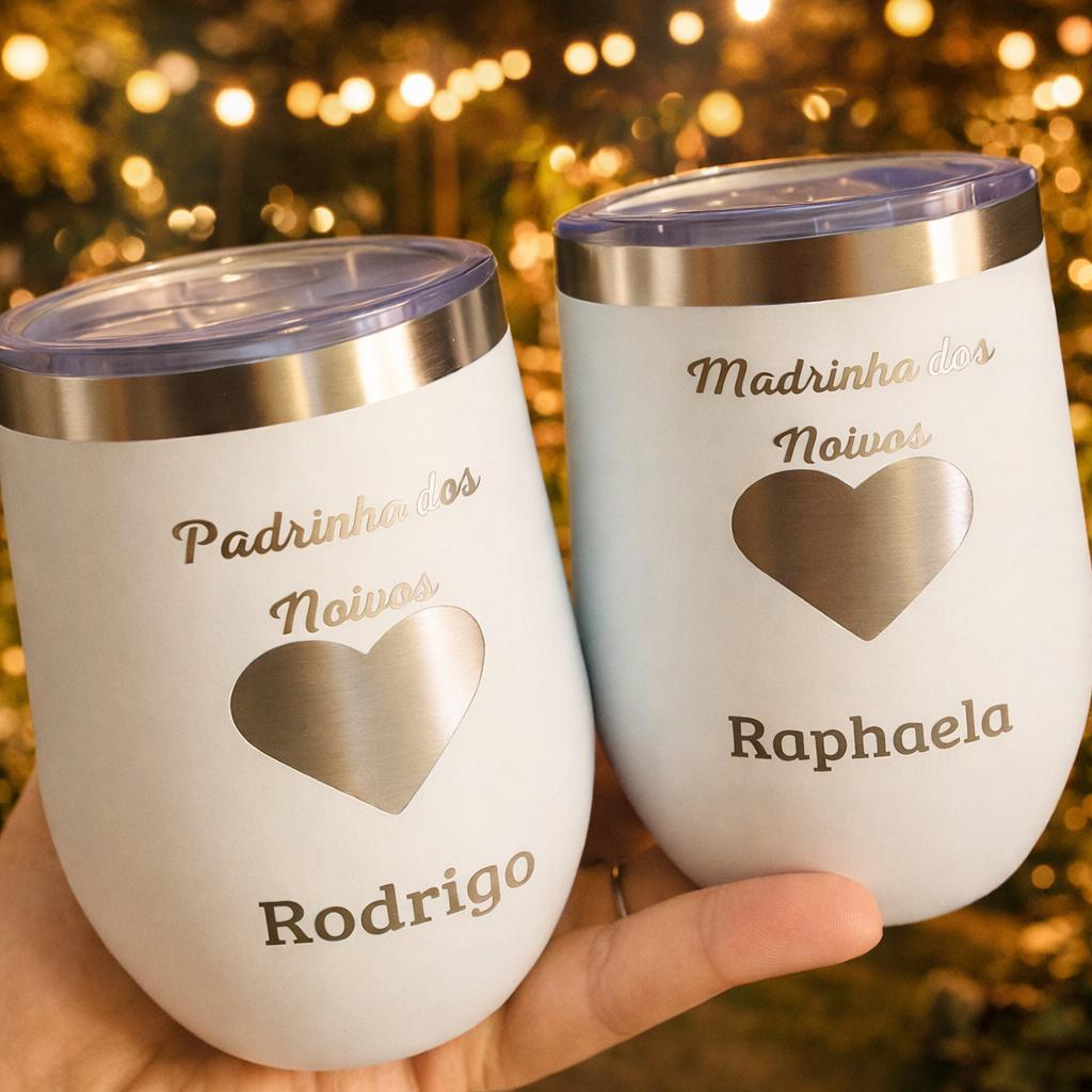 Kit 2 Copos Térmicos Inox Personalizados - Padrinho e Madrinha - Presente Especial Batizado Casamento Noivo & Noiva