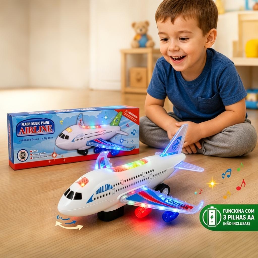 Avião Infantil Bate Volta Elétrico Com Som Música E Luzes LED Brinquedo