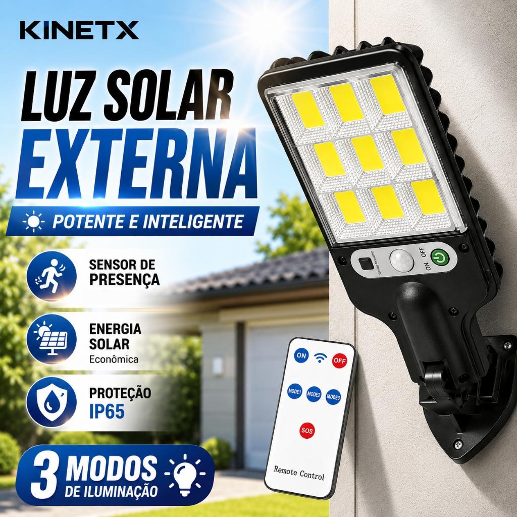 KINETX Luz Solar Iluminação Externa Lâmpada Solar 9 COB LED Luminária Parede Sensor de Presença Controle Remoto