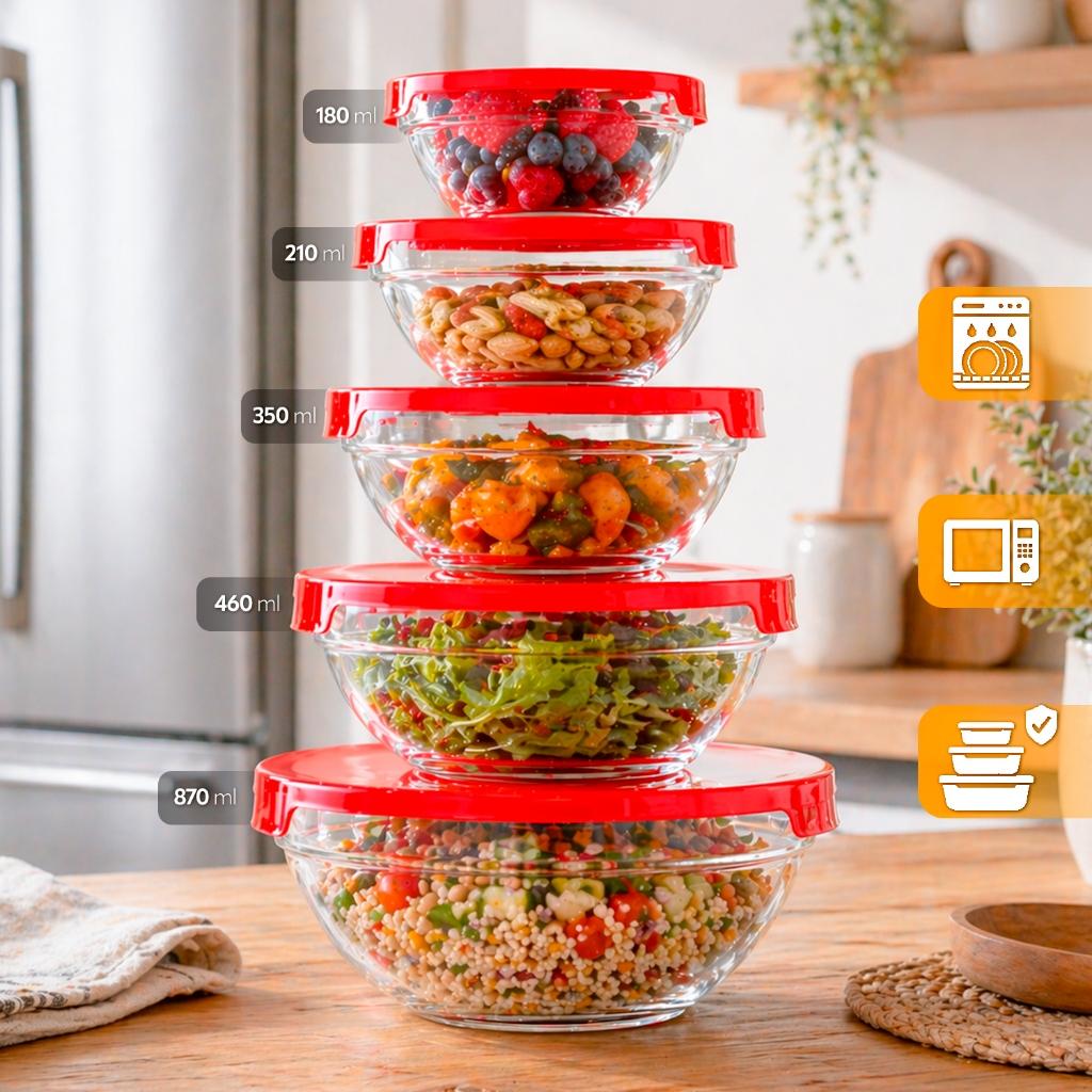 Kit 5 Tigelas de Vidro RedondasTampas Herméticas Potes Cozinha e Armazenamento