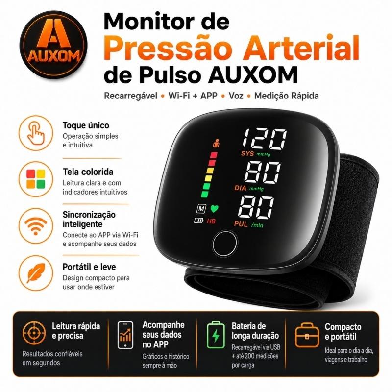 Aparelho de Pressão Digital de Pulso AUXOM Recarregável com APP Wi-Fi, Voz e Tela Colorida
