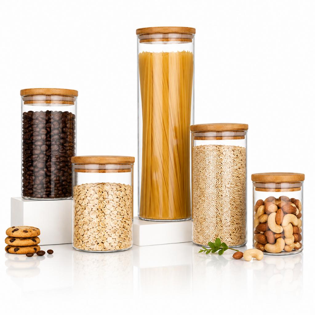 Kit Potes Mantimentos Vidro Herméticos Com Tampa Bambu Alta Resistência Epsilon Transparente