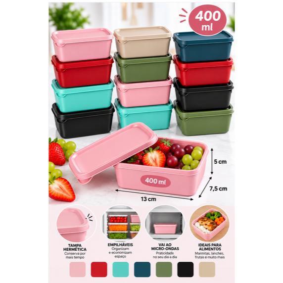 Kit Potes Retangulares 400ml Hermético com Tampa Marmita Fitness Micro-ondas Freezer BPA Free 2 4 8 12 Unidades