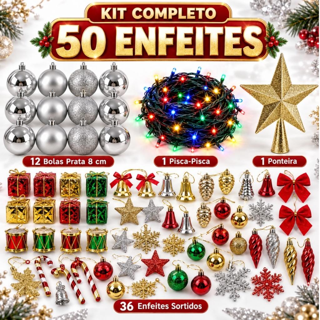 Kit 50 Enfeites Árvore De Natal Bolinhas Pendentes Pisca Pisca Laços Decoração Natalina Papai Noel