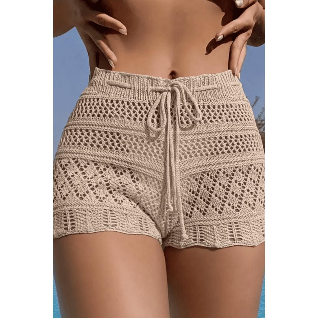 Shorts Saída de Praia Feminino Tricot Cos Alto Cordão Transpassado Moda Verão