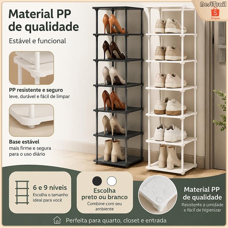 Sapateira Vertical Multiuso 6 ou 9 Níveis, Organizador de Sapatos Compacto para Quarto, Closet e Entrada