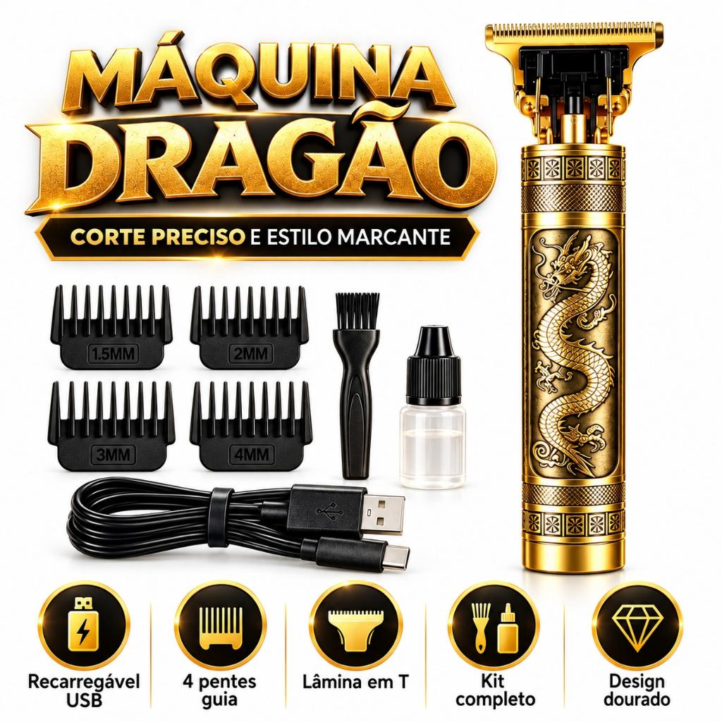 Máquina Profissional Dragão Acabamento Metal Sem Fio Cabelo Barba Pezinho Limitador de Lamina Ajustável