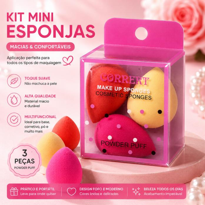 Kit 3 Mini Esponja C Caixinha - Gota Para rosto e Maquiagem Base E Corretivo