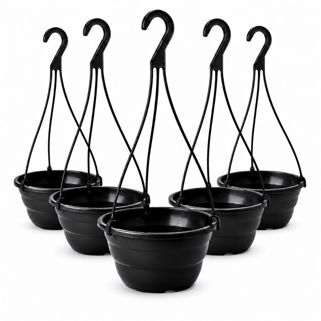 Kit 5 Vasos Cuia 21 Preta com Haste 40cm Reforçado Plantas Suspensas Vasos