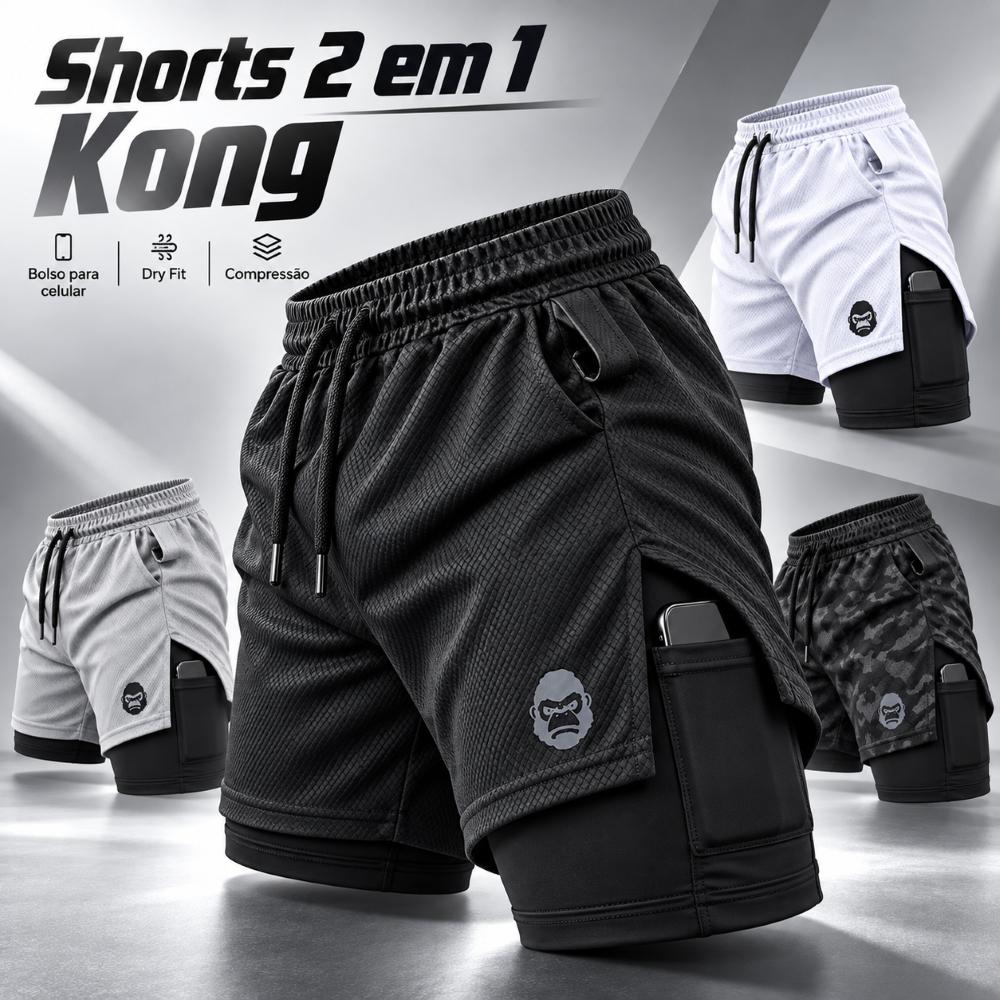 Shorts Masculino 2 em 1 Dry Fit Academia Corrida Bermuda de Compressão com Bolso Celular Kong