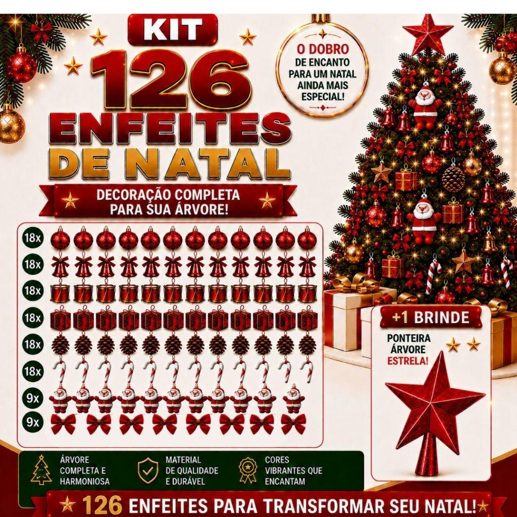 Kit 126 Enfeites Arvore de Natal Completo Decorada Decoração Natalina Acessórios Bolinhas Laços + Estrela Brinde