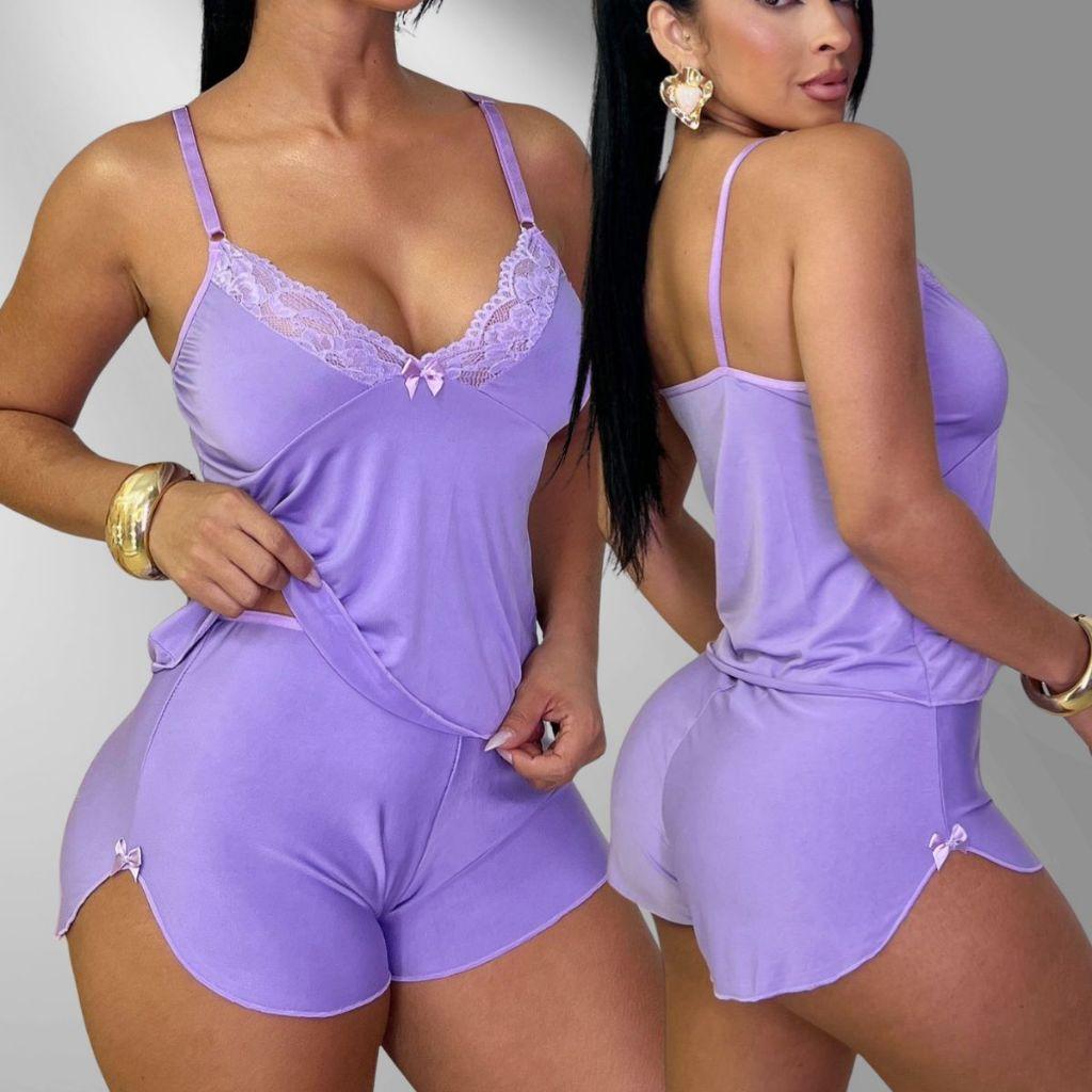 Pijama Baby Doll Malha Fria Tecido Fresquinho Roupa De Dormir Lingerie Confortável Molinho Sensual Renda