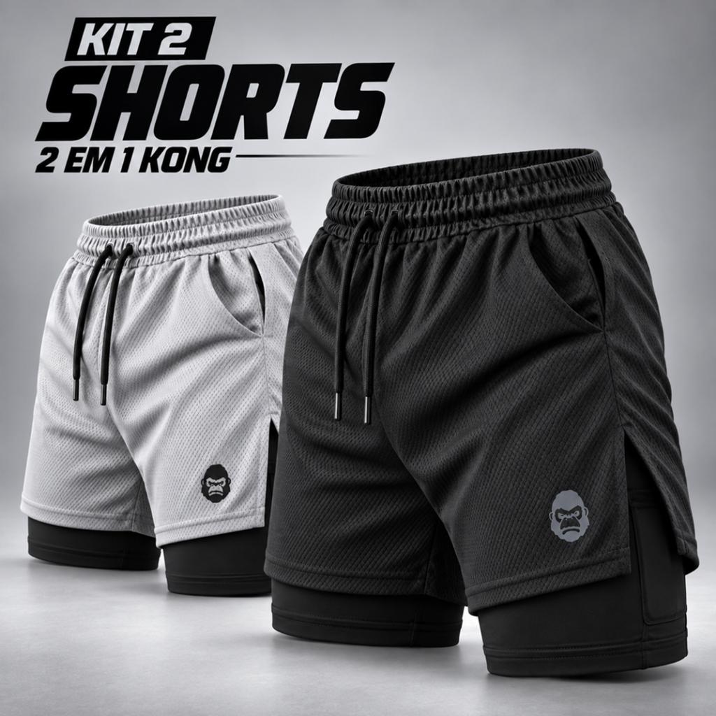 Kit 2 Shorts Masculino Kong 2 em 1 com Compressão, Bolso para Celular e Tecido Dry Fit