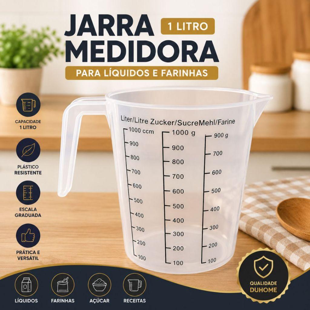 Jarra Medidora Graduada 1 Litro Plástico para Líquidos Farinhas Leite Receitas Cozinha Duhome