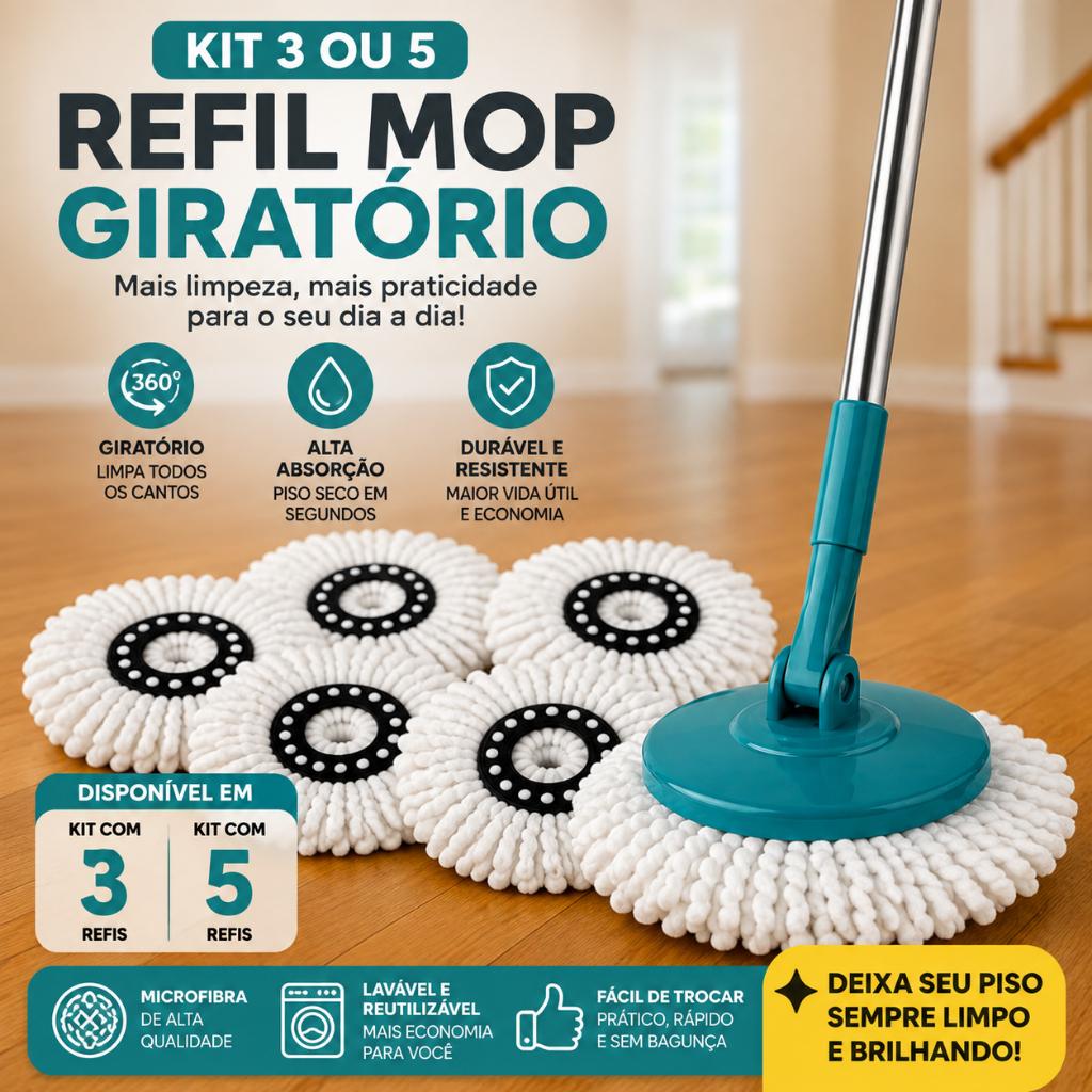 Kit 3 ou 5 Refil Mop Giratório 8 ou 13 Litros Limpeza Fácil Universal Balde Multiuso Piso Laminado