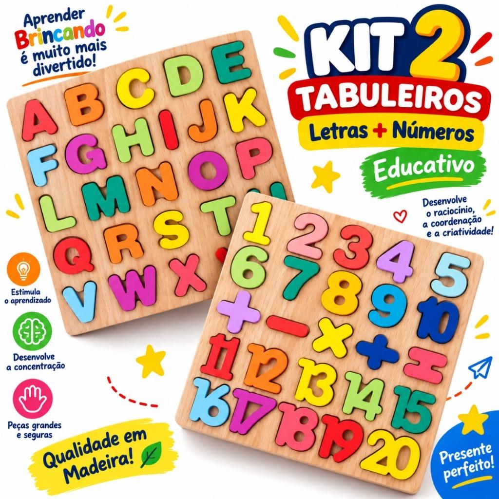 Tabuleiro Educativo Pedagógico Alfabeto Letras e Números Formas Geométricas Símbolos de Madeira Brinquedo Montessori