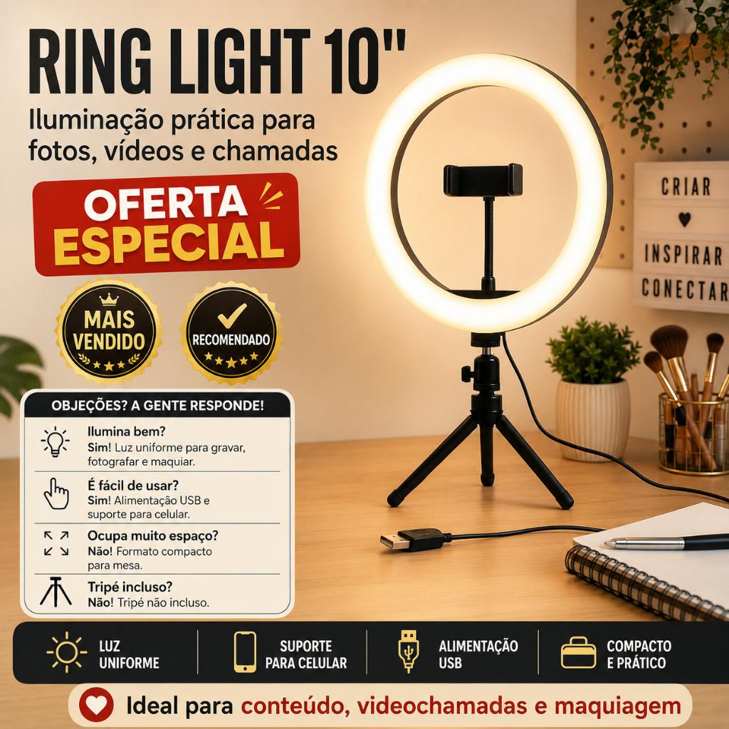 Ring Light Iluminador Anel Luz com suporte para celular 26cm 10 Polegadas 15w (tripé não incluso)