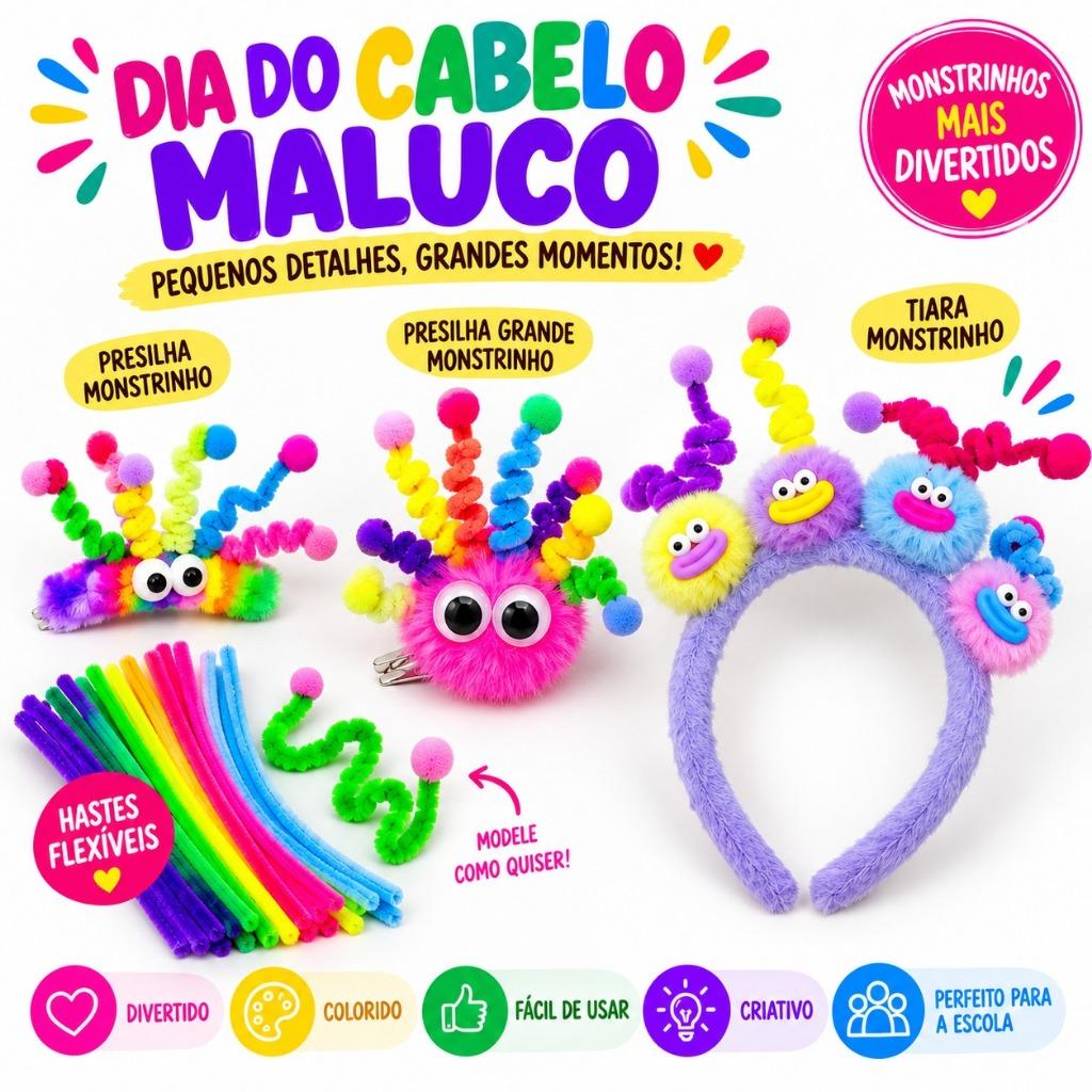 Cabelo Maluco Infantil Presilha Tiara Monstrinho Peluciado Colorido Escola Divertido