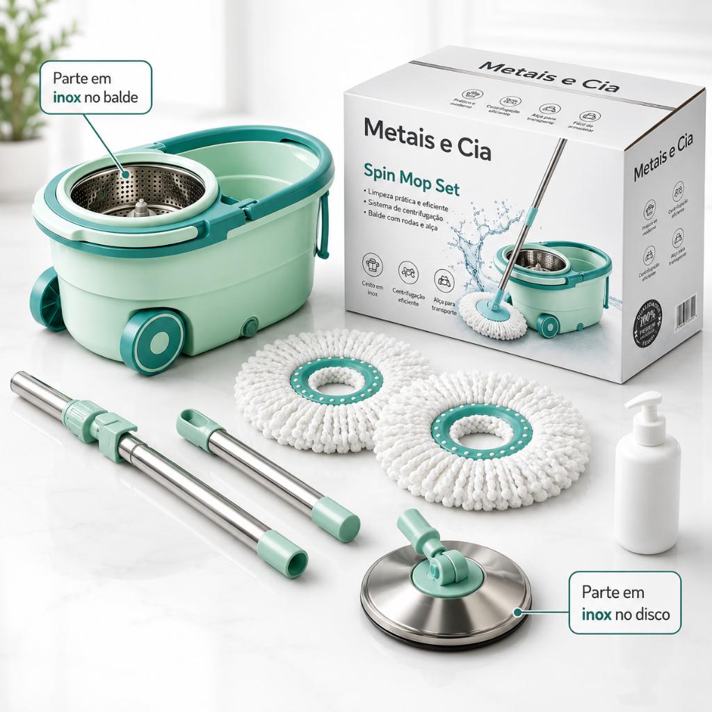 Spin Mop Giratório Balde Esfregão 360° Inox Com Rodinhas 2 Refis Cabo Ajustável Dosador