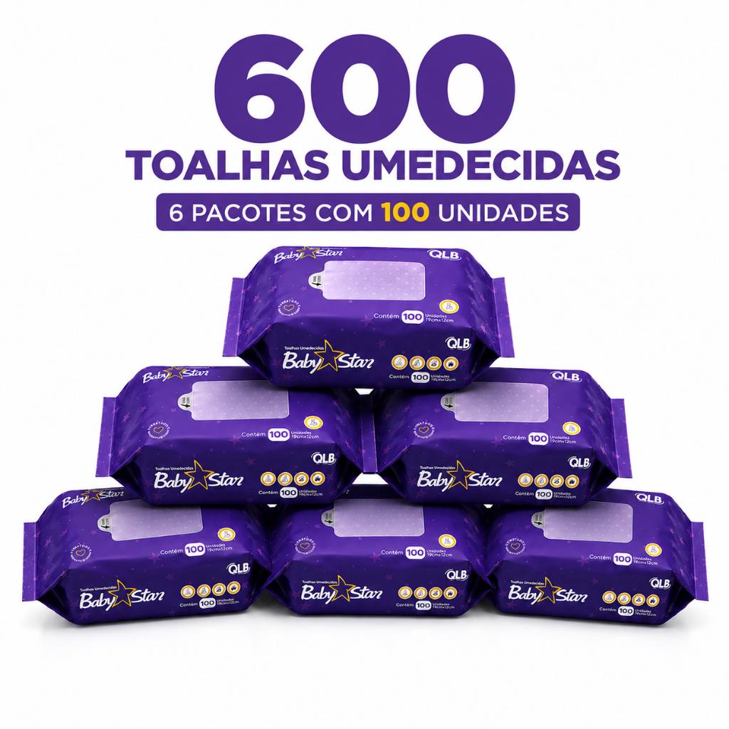 Caixa com 6 Lenços/Toalhas Umedecidas Baby Star Roxa c/ 100 Unidades Cada – Sem Tampa FlipTop