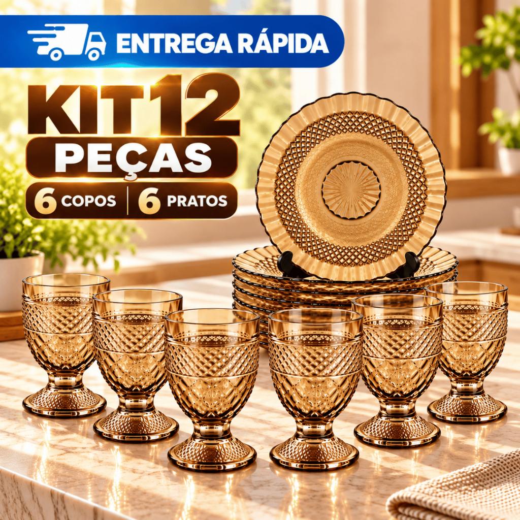 Jogo Mesa Completa 12 Peças 6 Pratos + 6 Taças 200ml Vidro Âmbar Trabalhado Vintage Jantar Almoço