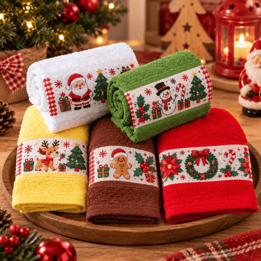 Kit 5 Toalha Lavabo Decoração Natal Natalina 100% Algodão 26x47cm
