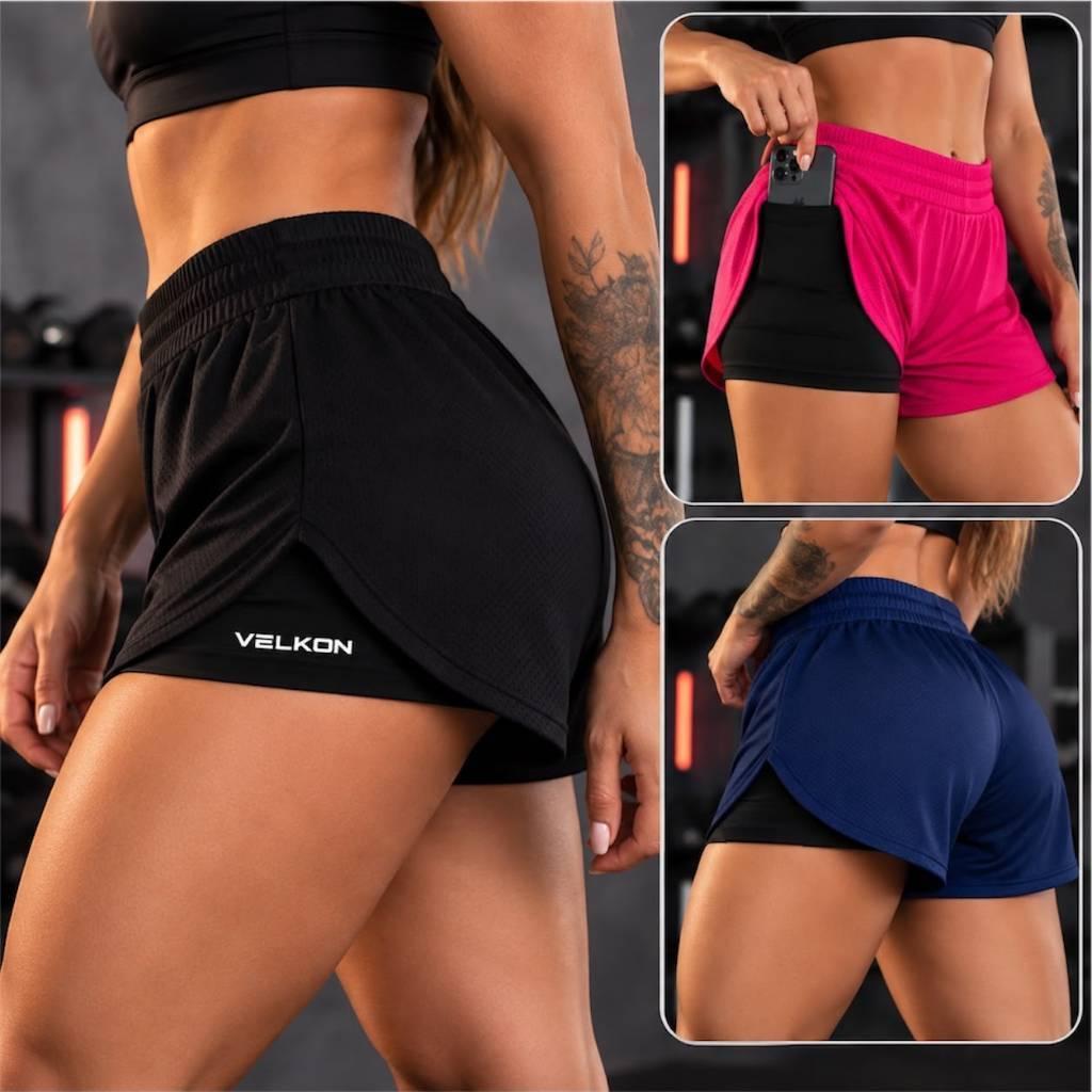 Shorts 2 em 1 Feminino Fitness c/ Bolso para Celular Forro de Compressão Cintura Elástica Academia Corrida Treino VELKON