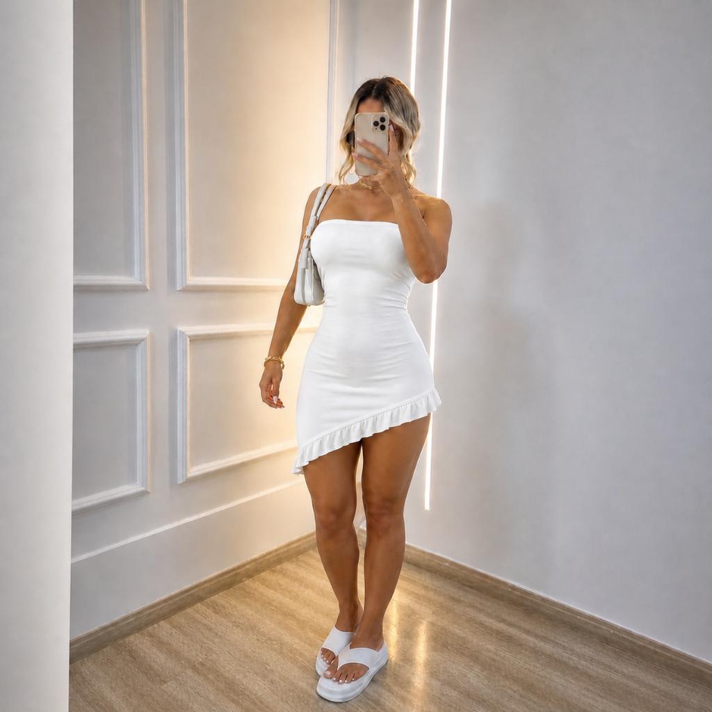 Vestido Curto Tomara que Caia com Fenda e Babado Suplex Premium Moda Gringa (OZI)