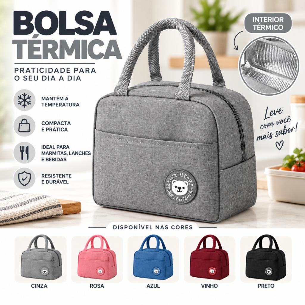 Bolsa Térmica Lancheira Marmita com Alça Bolso Frontal Compacta para Trabalho Escola Passeio Pequena
