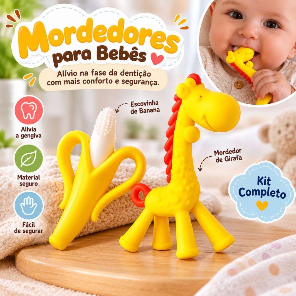 Mordedor Silicone Escovinha Dentição Banana e Girafa Brinquedos para Bebes Massageador Animais