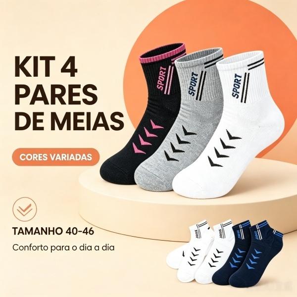 Kit Meias Masculinas Esportivas Antiderrapantes 3 Pares por Combo 4 Combinações de Cores Futebol Basquete