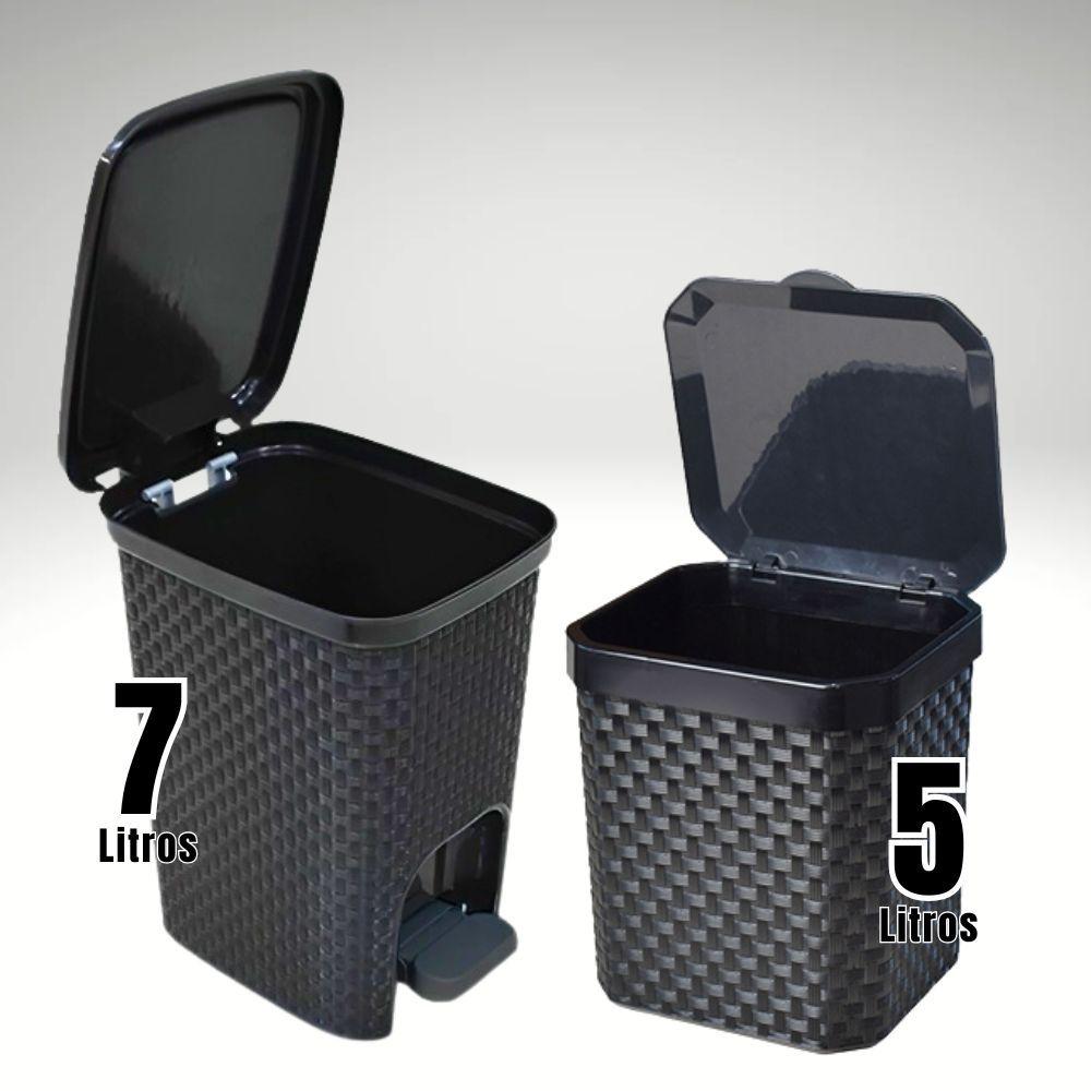 Lixeira Rattan Cesto 7 Litros com Pedal e Lixeira Pia Rattan 5 Litros ou Kit 2 Peças Preto
