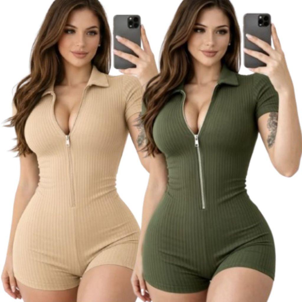 Macacao Macaquinho Feminino Canelado com Ziper Tubinho Curto Moda Blogueira