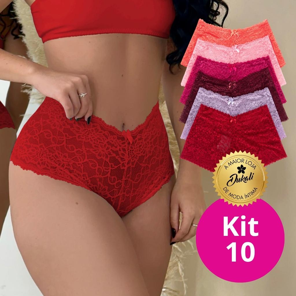 Kit 10 Calcinhas Caleçon Renda Jacquard original Feminina Boxer Alta