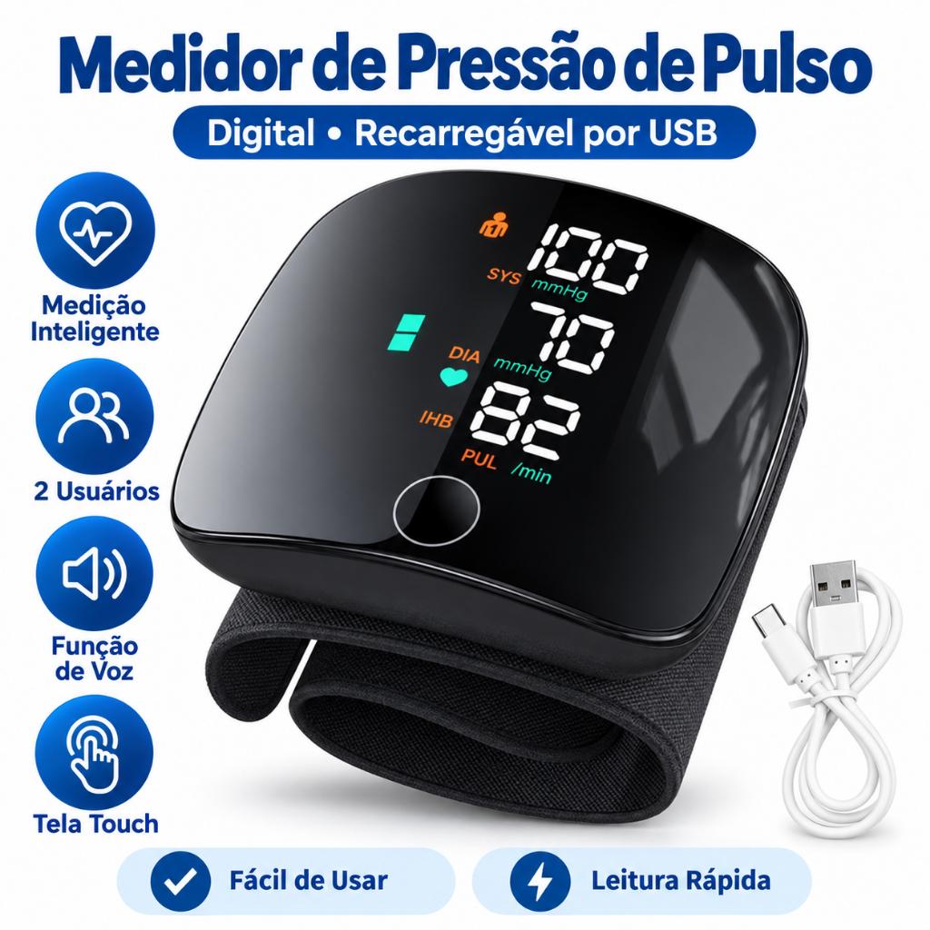 Aparelho de Pressão de Pulso Digital com Tela HD Bateria Recarregável e Medição Rápida