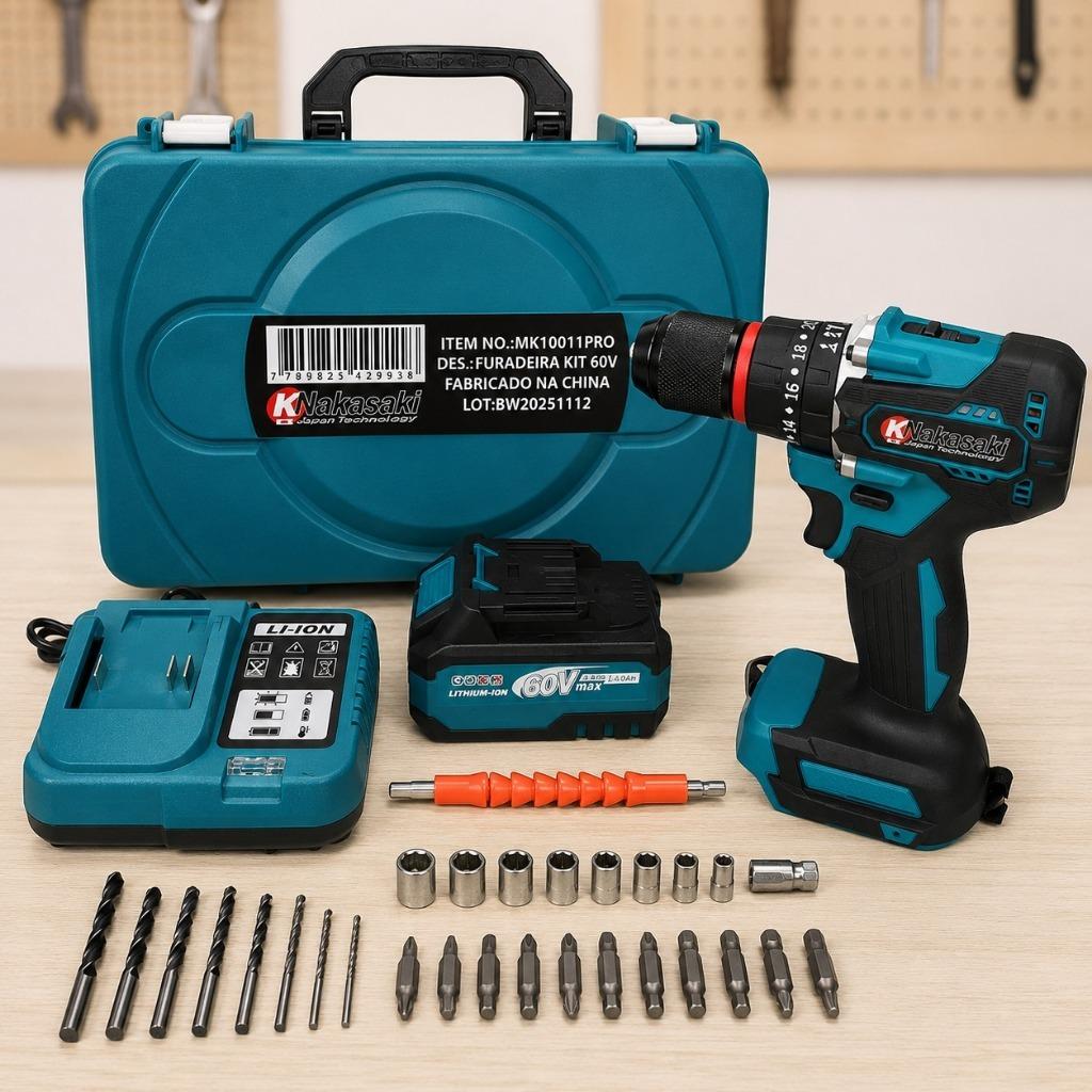 Parafusadeira Furadeira de Impacto 60V Brushless Nakasaki 55Nm Profissional + Maleta