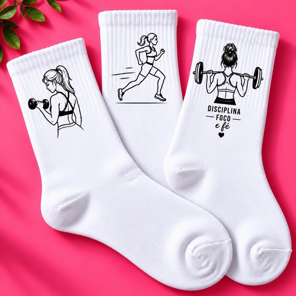 Kit 3 Pares de Meias Brancas Personalizadas Cano Alto Crossfit Academia Corrida Run Frases Unissex
