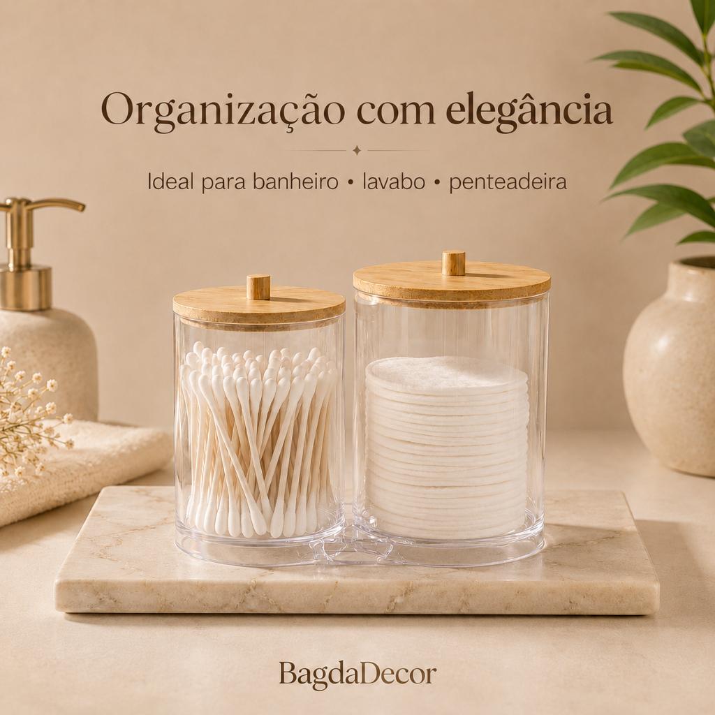 Organizador Duplo Porta Cotonetes Algodão Maquiagem Acrílico E Bambu