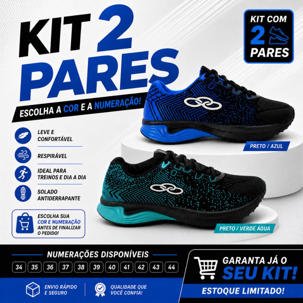 Kit 2 Pares Tênis Masculino Treino Academia Caminhada Esportivo Leve Confortável Casual 35 Ao 44