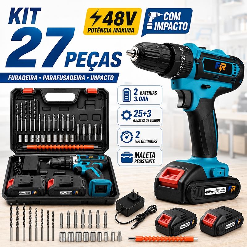 Parafusadeira Furadeira de Impacto 48V Sem Fio Kit 27 Peças com Maleta e Acessórios