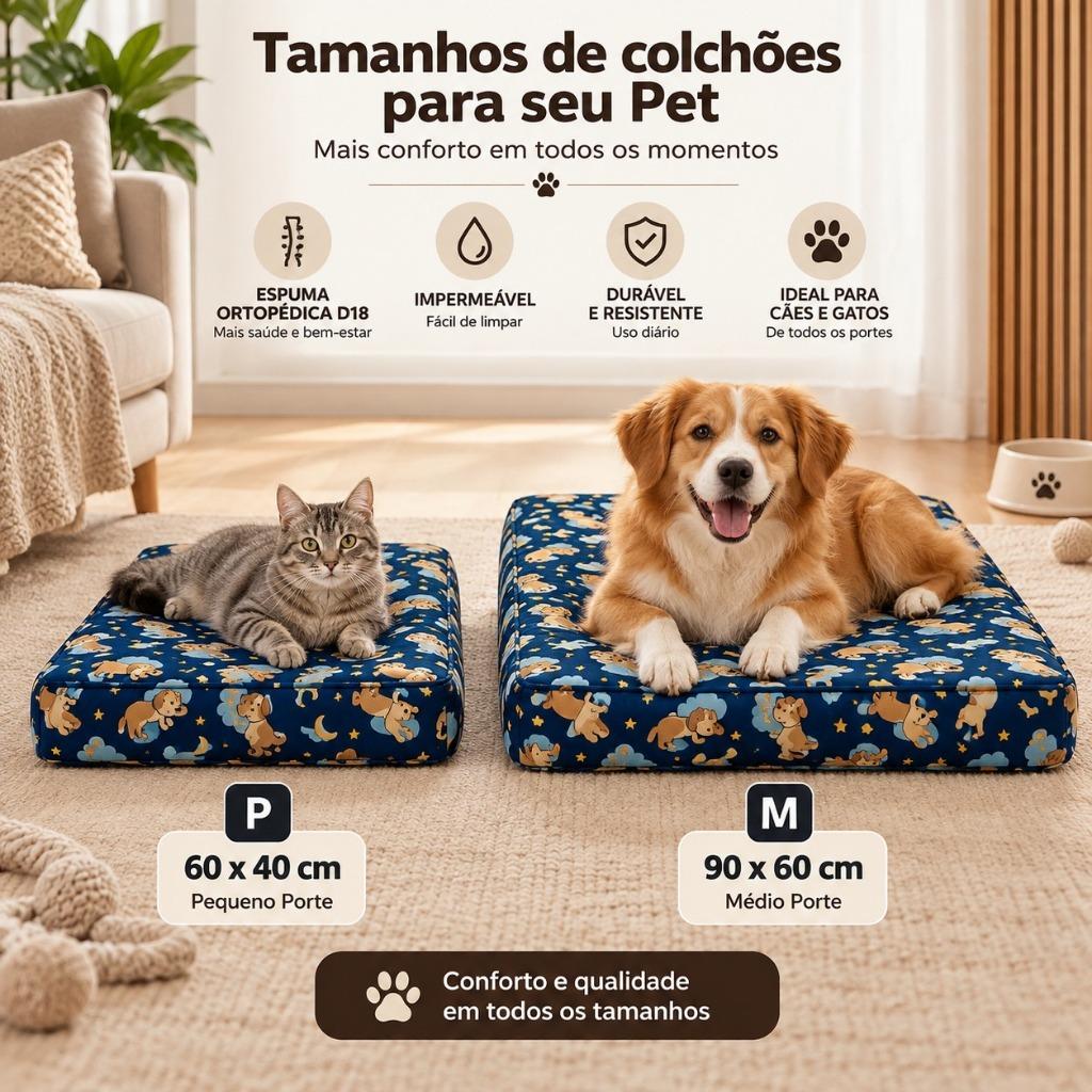 Colchão Pet Ortopédico D18 Estampa Pets Preto Impermeável para Cães e Gatos –Tamanhos Personalizados