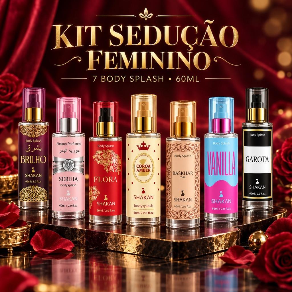 Kit 7 Body Splash Feminino Shakan 60ml Perfume Corporal Fragrâncias Doces Marcantes Sedução Presente Feminino leve e doc